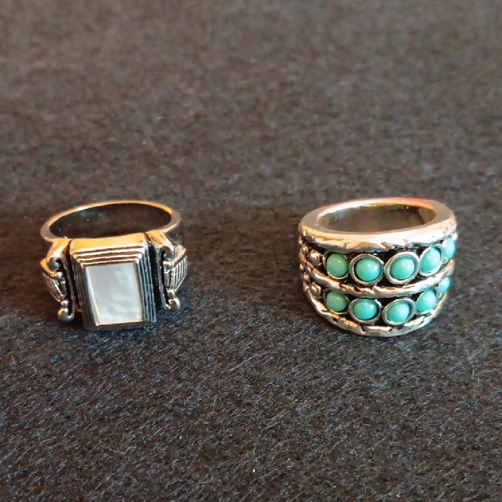 Silver and Simulated Turquoise & Silver And Mother Of Pearl Ring Set